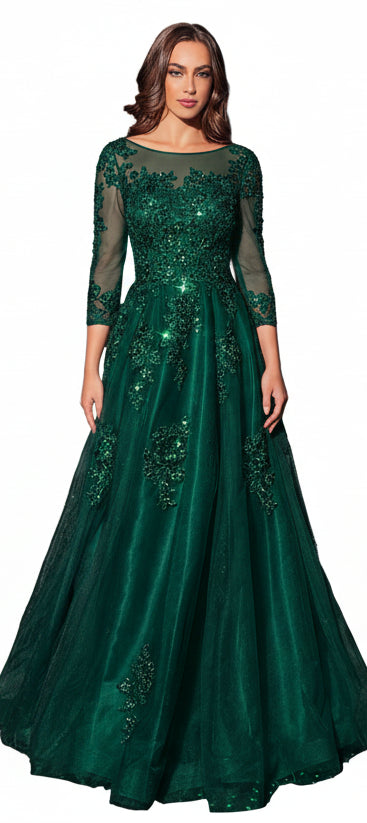 High Neckline 3/4 Sleeves Ball Gown