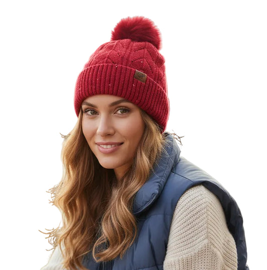 Micro Sequined Cable Knit Fleece Pom Pom Beanie