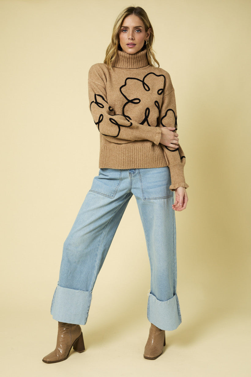 Turtleneck Flower Print Sweater