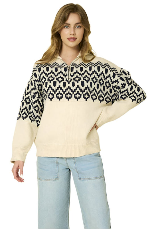 Long Sleeve Half Zip Up Abstract Sweater