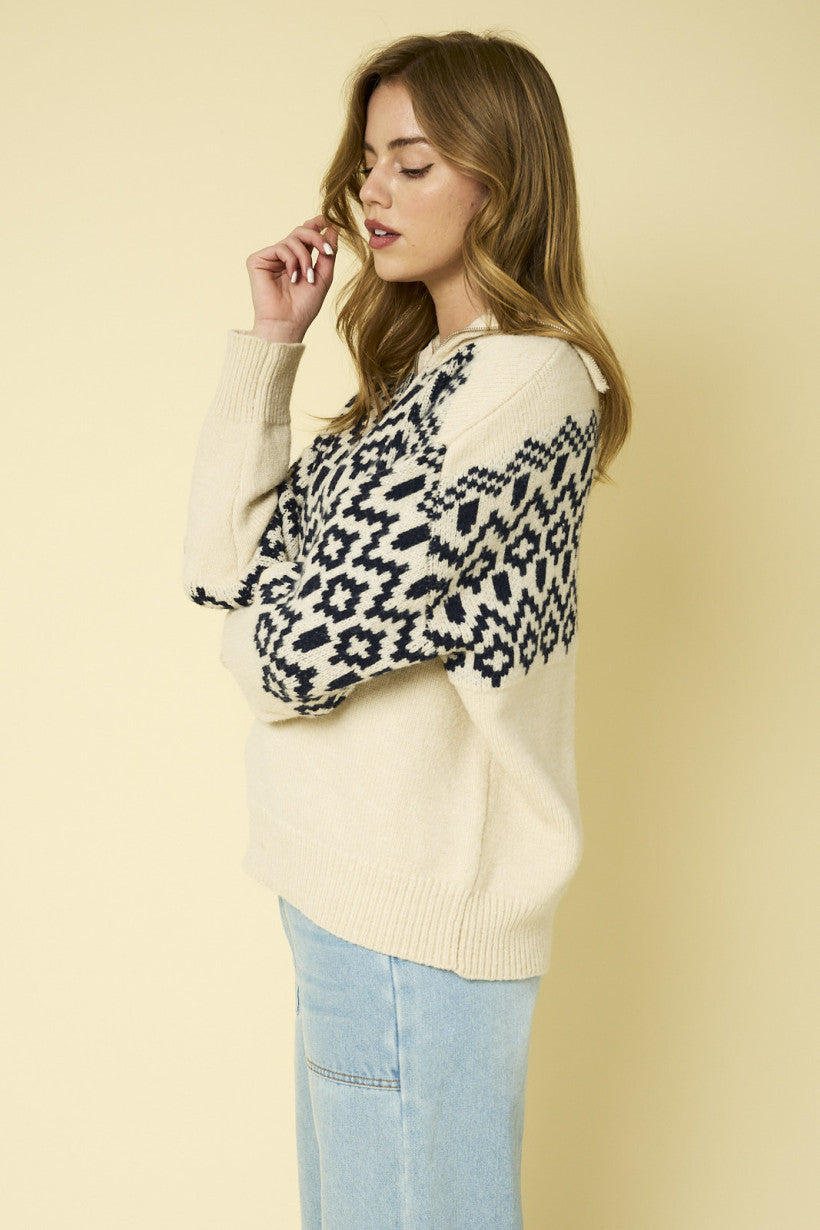 Long Sleeve Half Zip Up Abstract Sweater