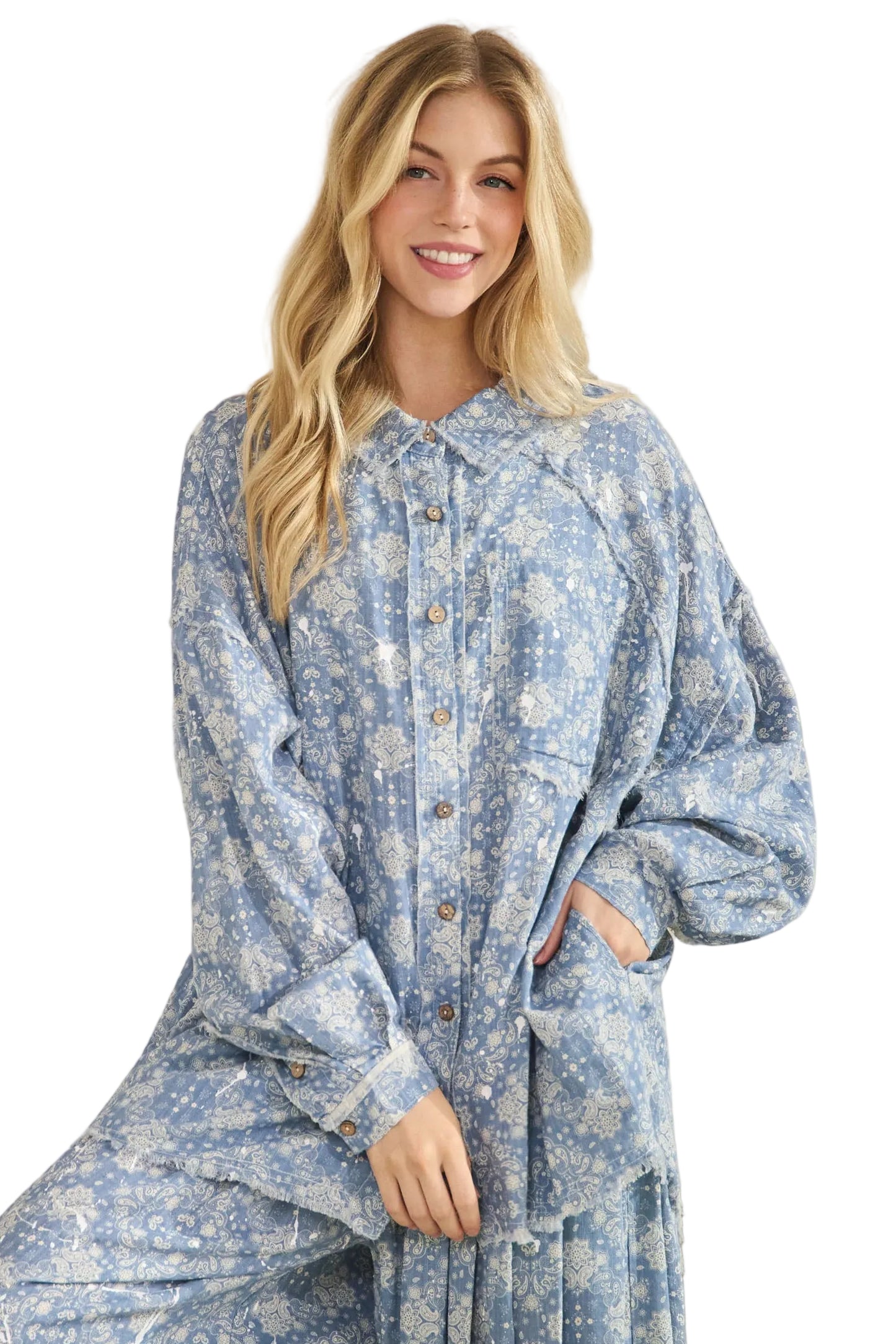 Washed Paisley Printed Button Down Shirt