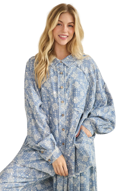 Washed Paisley Printed Button Down Shirt