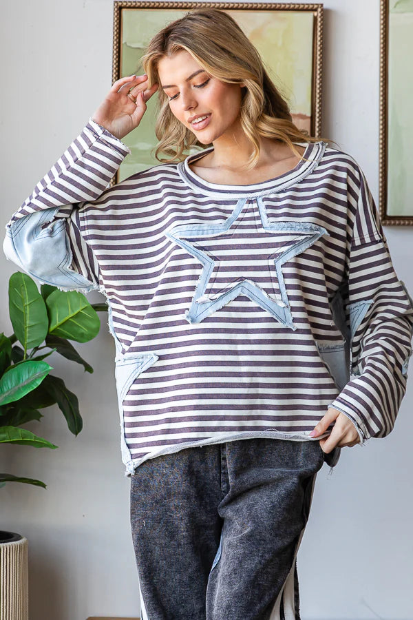 Denim Star Patch Stripe Top