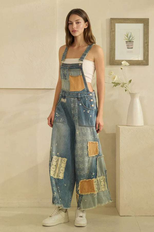 Multi Patch Denim Overalls