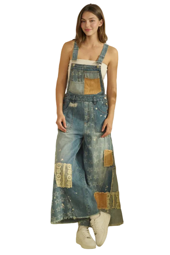 Multi Patch Denim Overalls