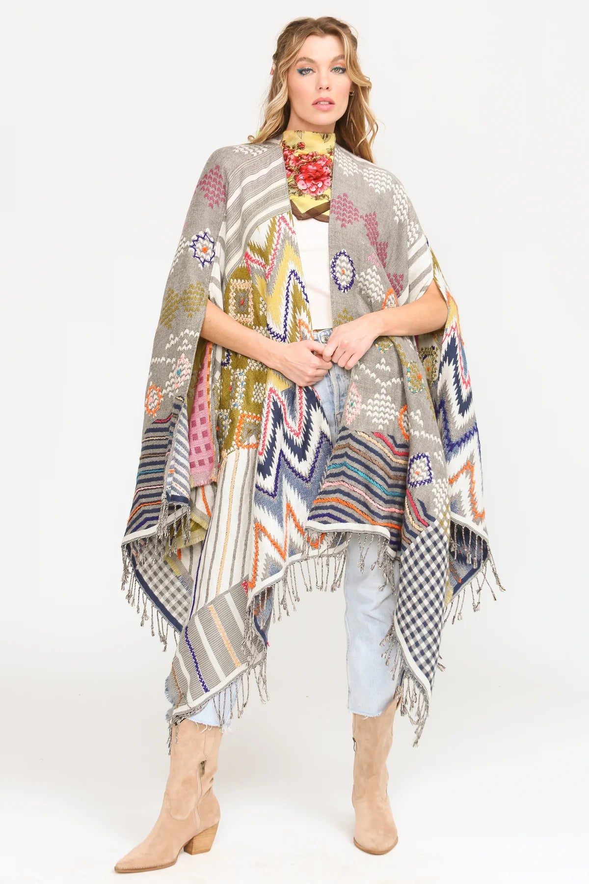 Snow White Poncho Hand Stitched Jacquard