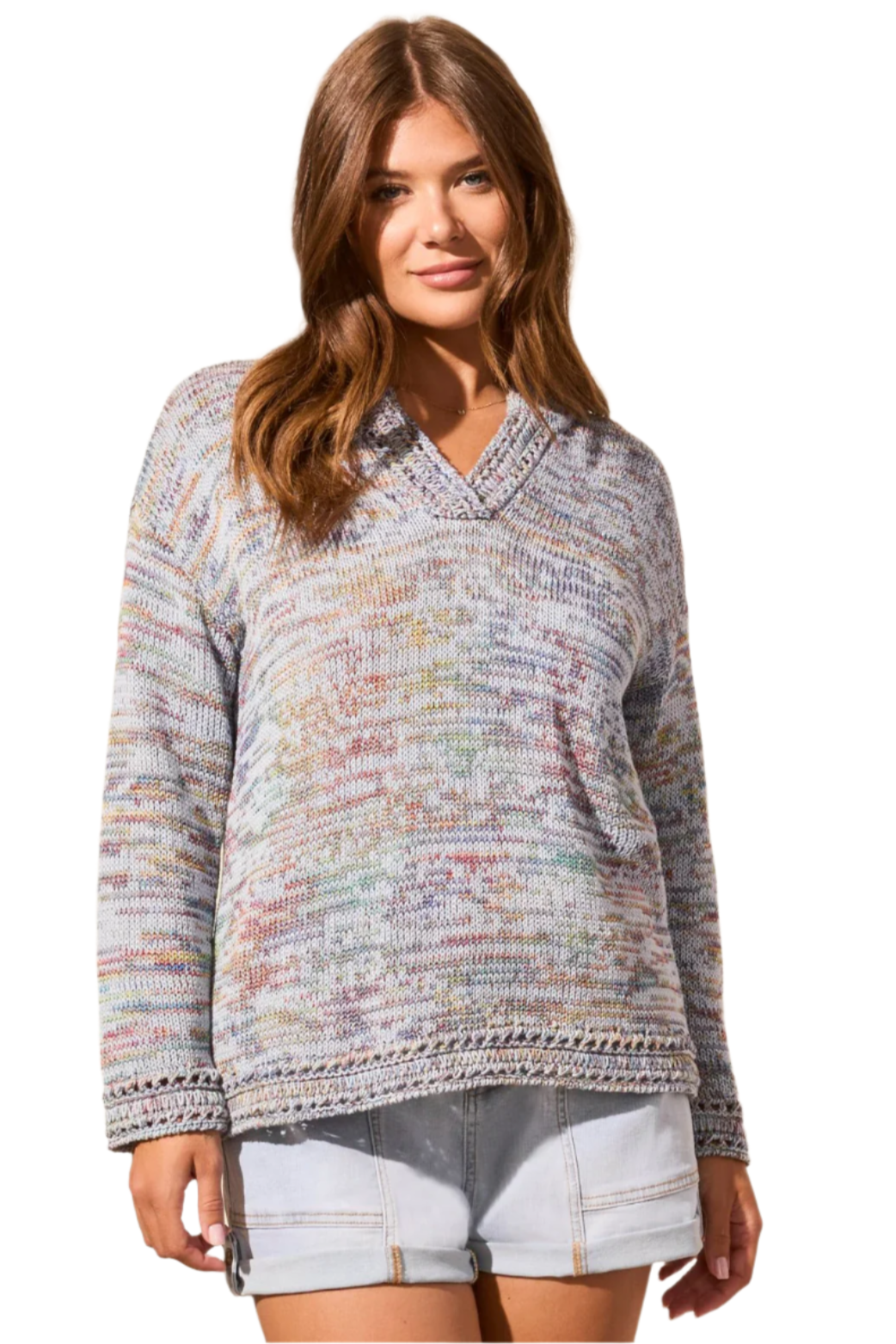 3/4 Sleeve V-Neck Hooded Sweater