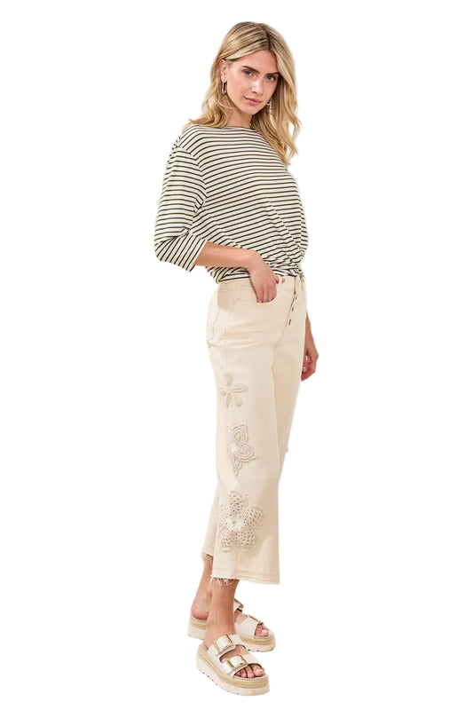 Audrey Button-Fly Wide Crop Jeans With Floral Detail