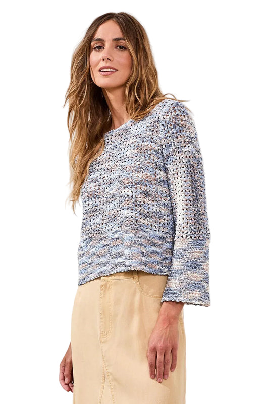 Open-Stitch Crewneck Bell-Sleeve Sweater