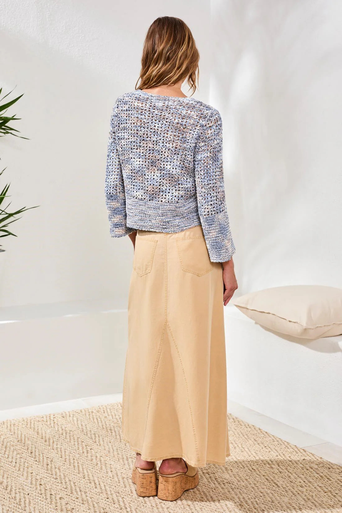 Open-Stitch Crewneck Bell-Sleeve Sweater
