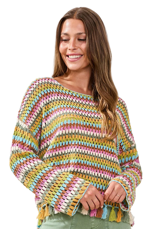 Multicolor Crochet Bell Sleeve Sweater With Tassels