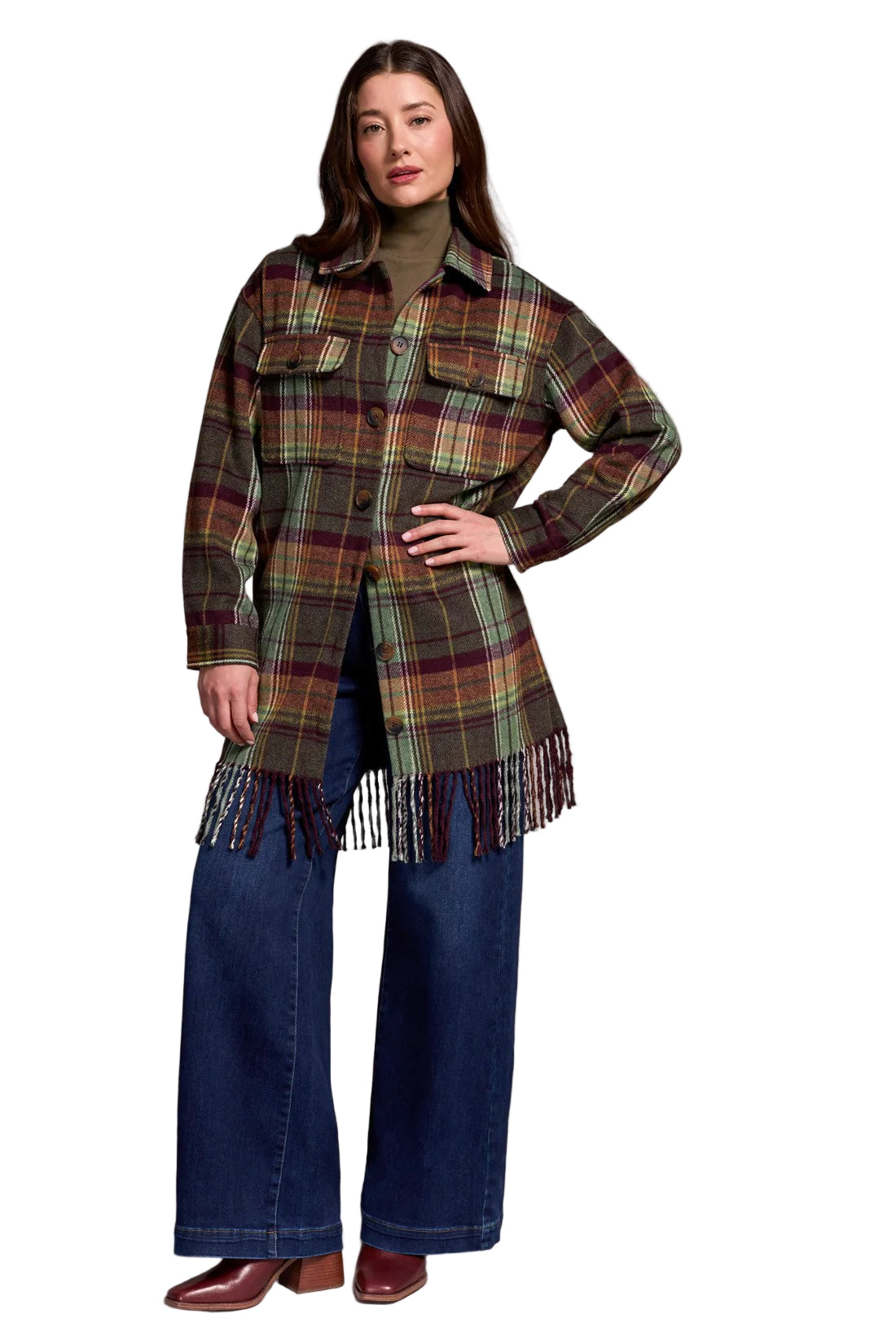 Brushed Plaid Fringe-Hem Button-Front Shacket