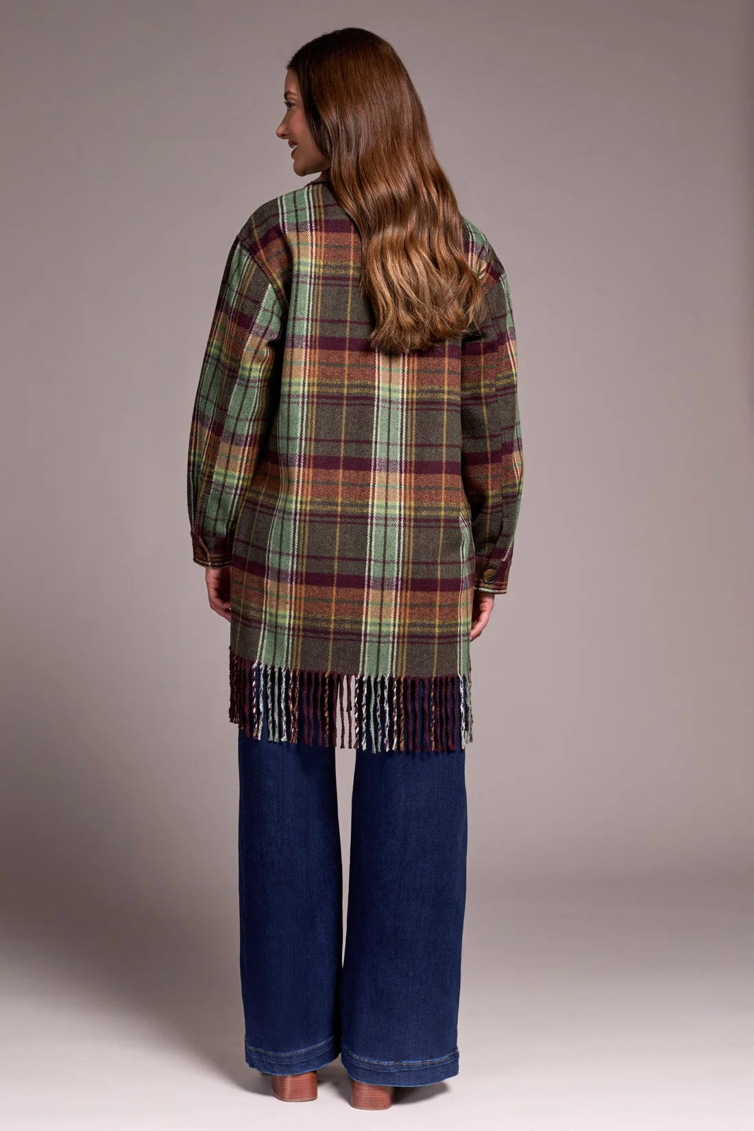 Brushed Plaid Fringe-Hem Button-Front Shacket