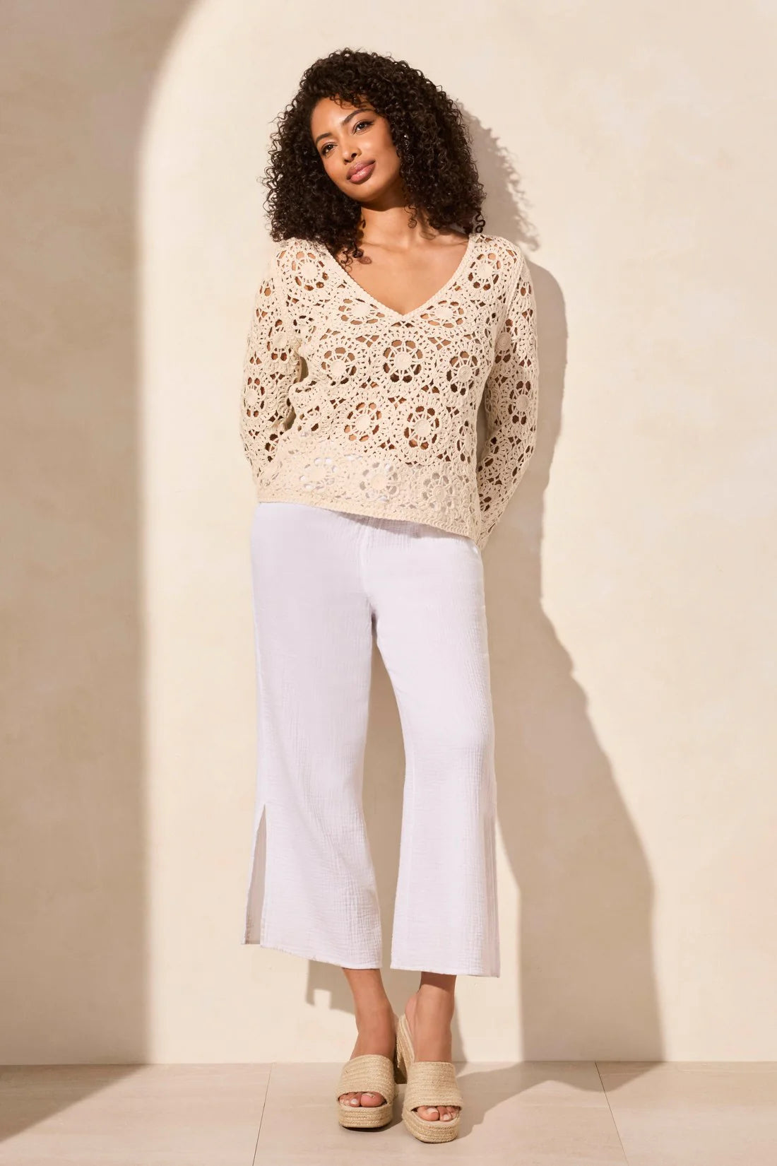 Crochet Bell Sleeve V-Neck Cotton Sweater