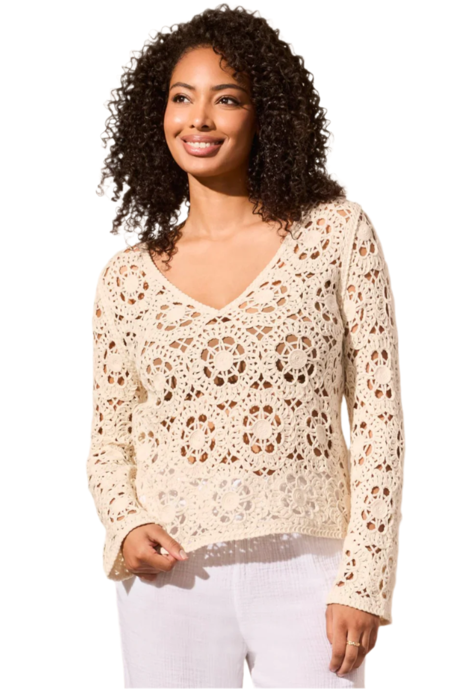 Crochet Bell Sleeve V-Neck Cotton Sweater