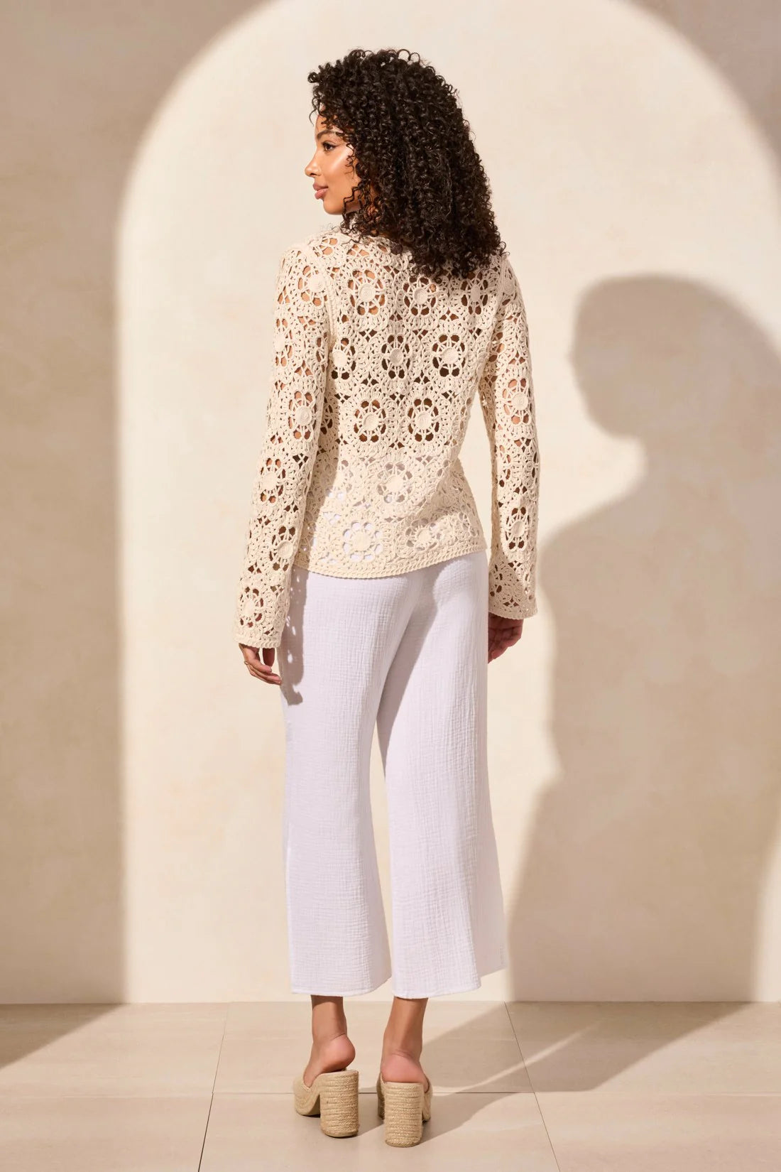 Crochet Bell Sleeve V-Neck Cotton Sweater