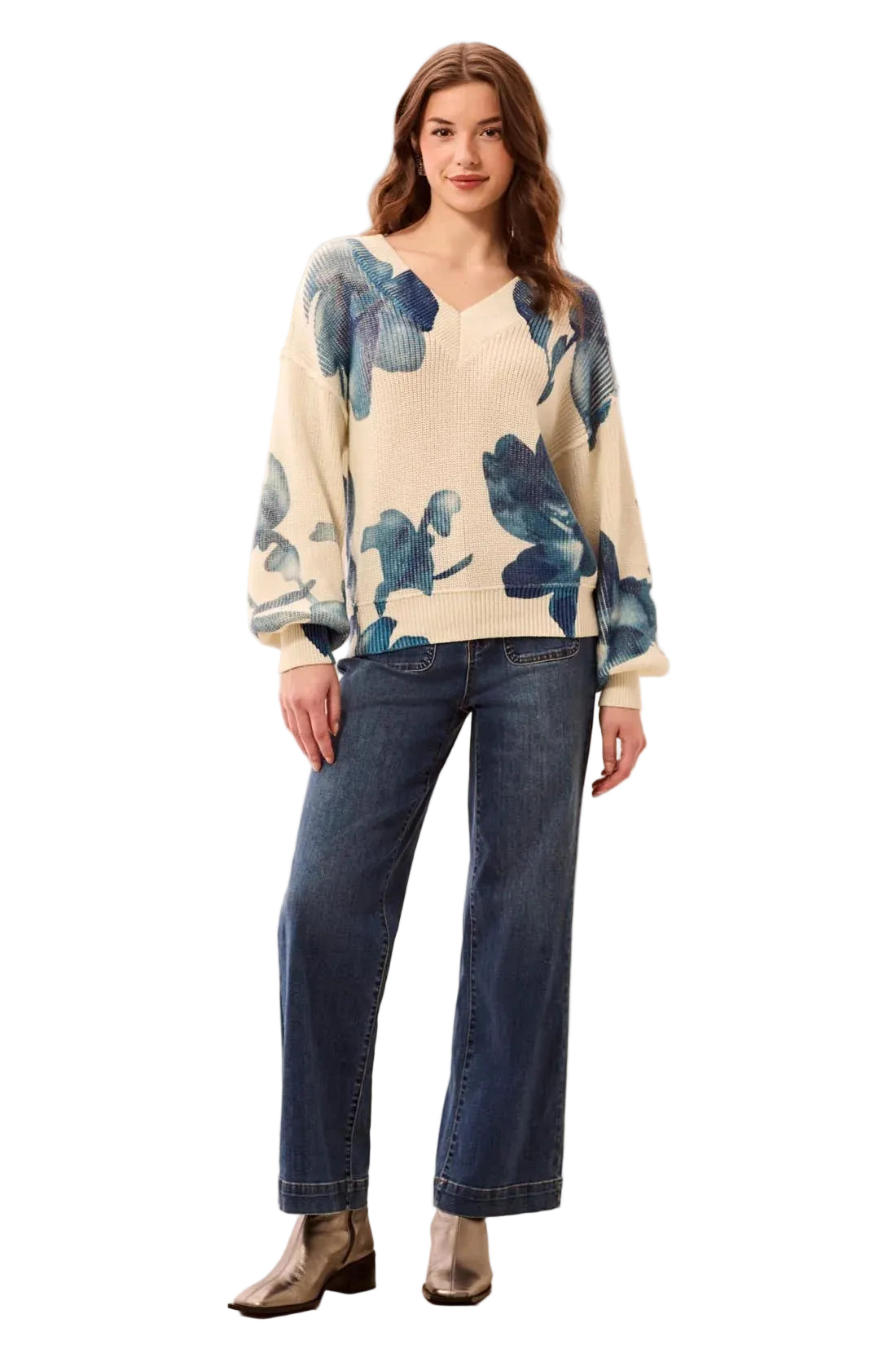 Puff Sleeve Printed V-Neck Sweater