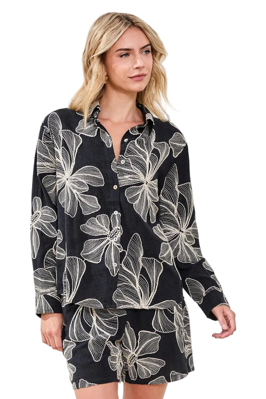 Long Sleeve Embroidered Button Front Blouse