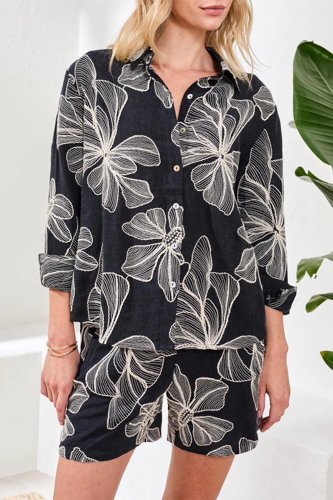 Long Sleeve Embroidered Button Front Blouse