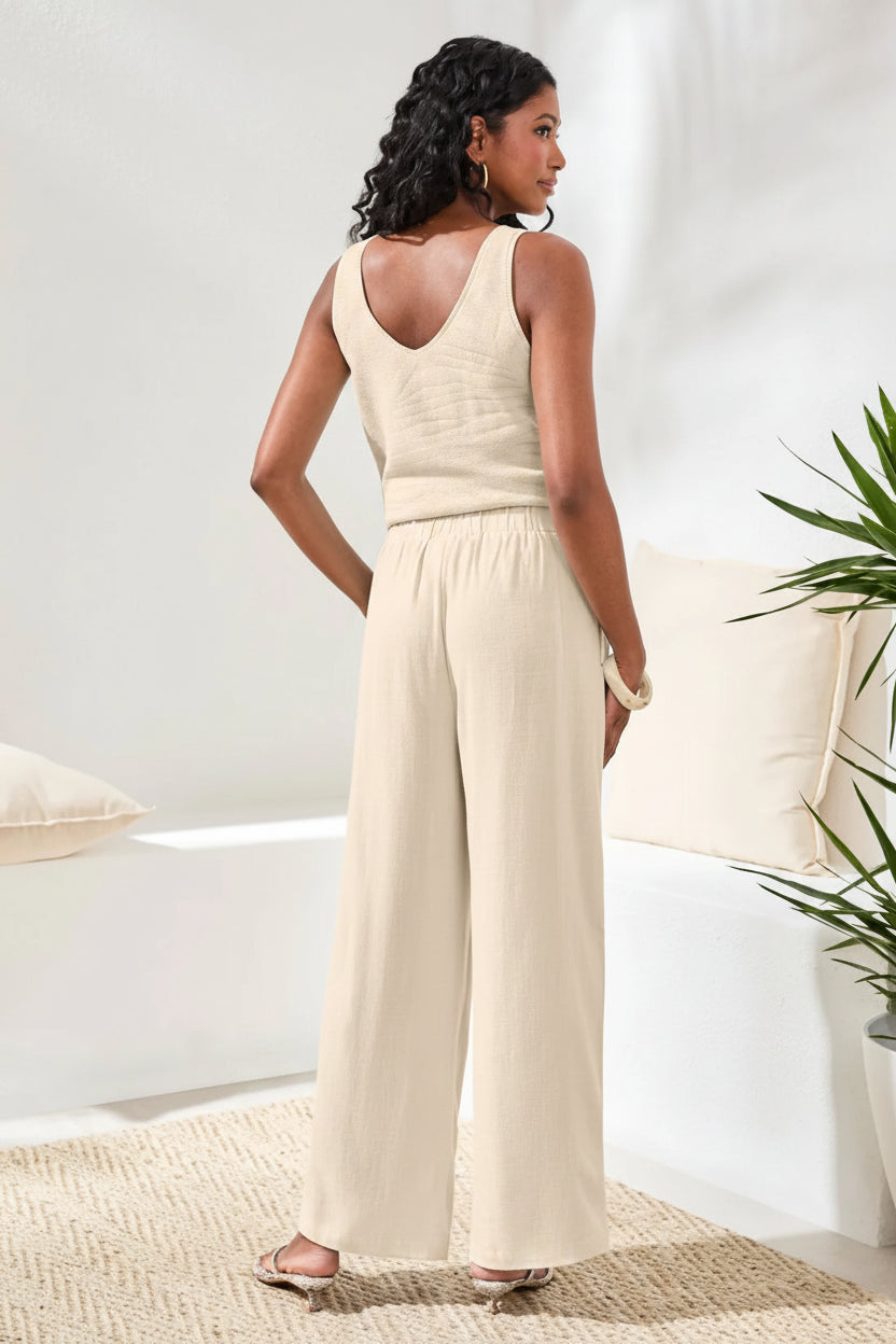 Pull On Flowy Linen Wide Leg Ankle Pant