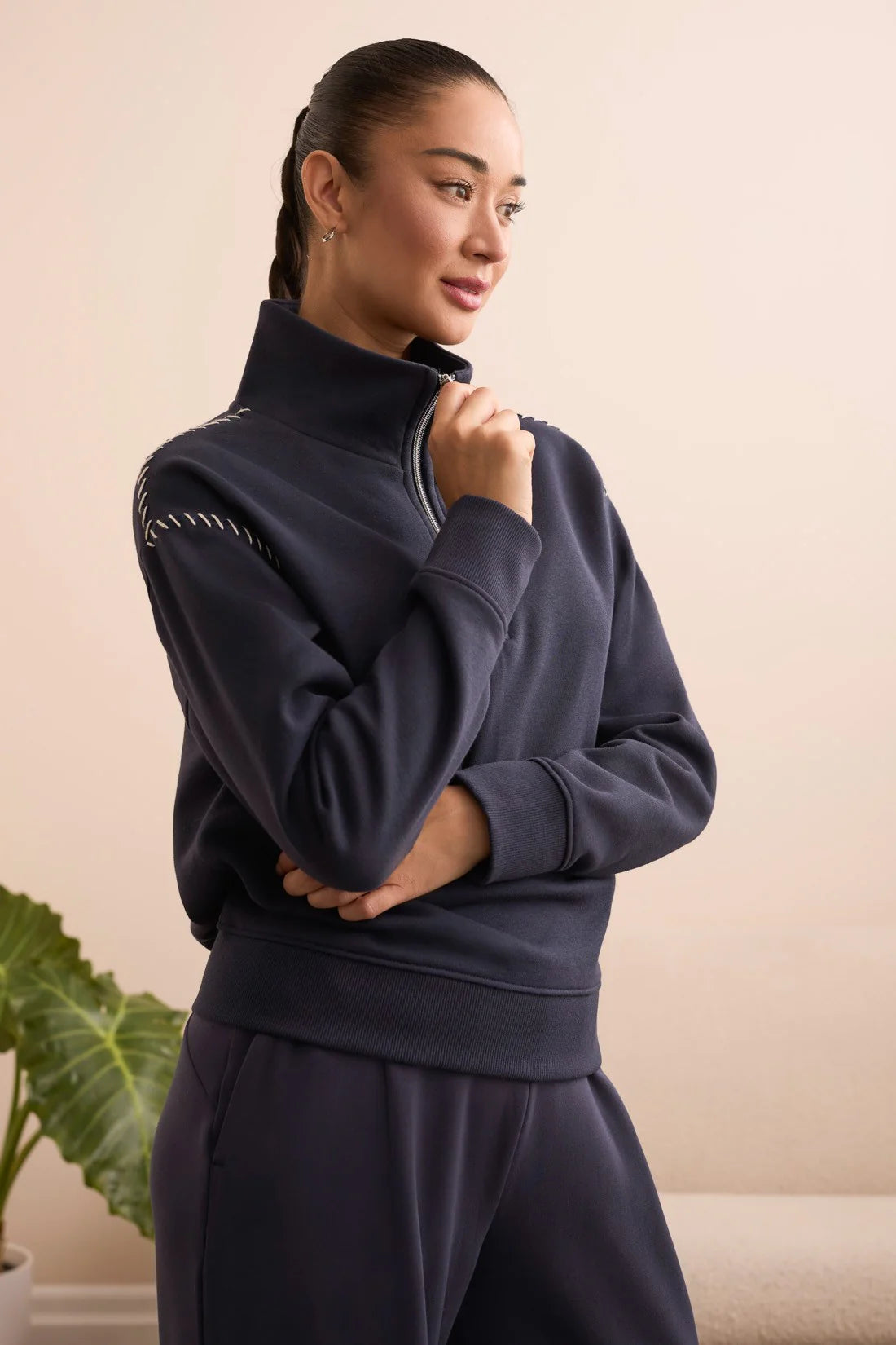 L/S Zip Funnel Neck Top with Stitching