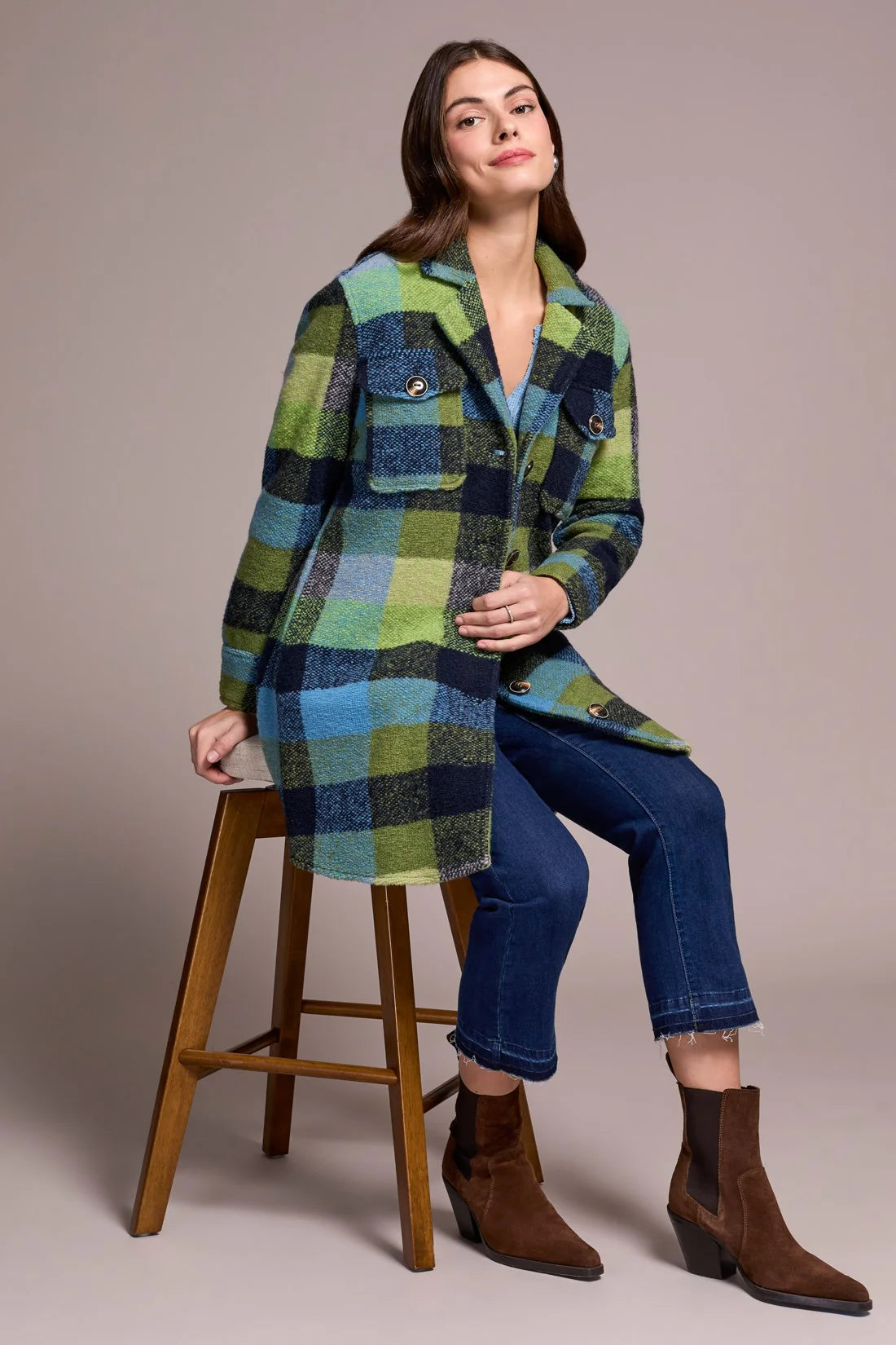Knit Plaid Notch Collar Shacket