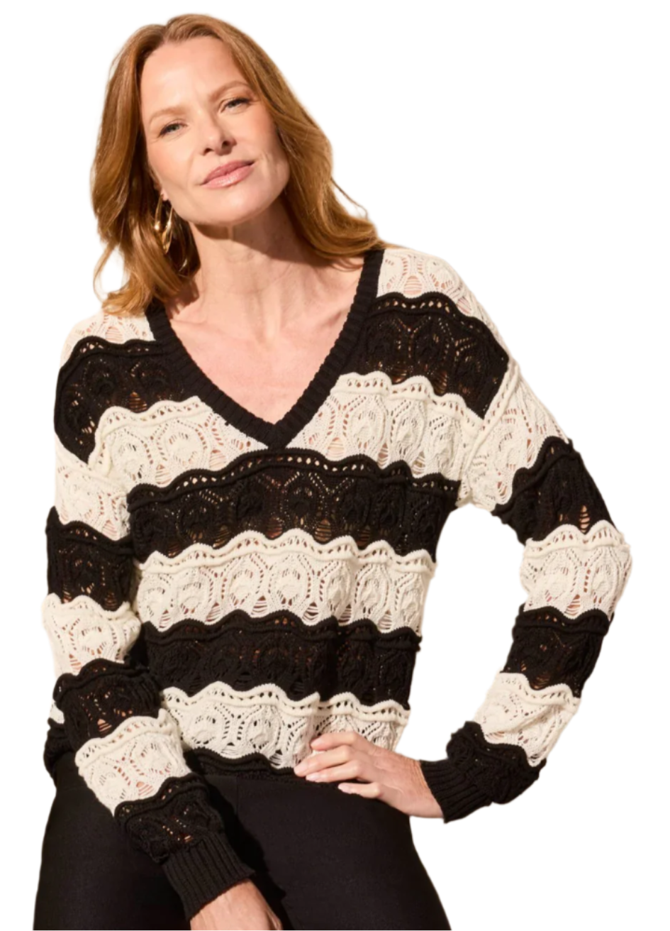 Long-Sleeve Crochet Swirl V-Neck Sweater