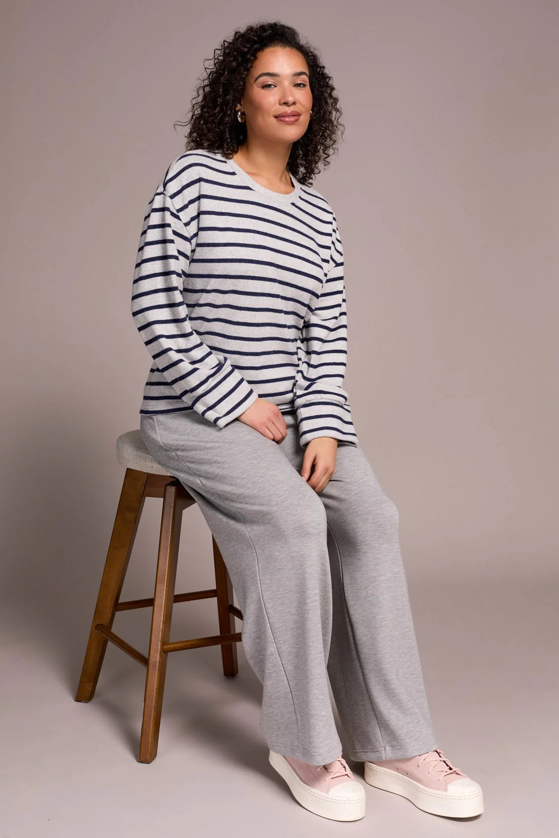 Long Sleeve Stripe Crew Neck Brush Knit Top
