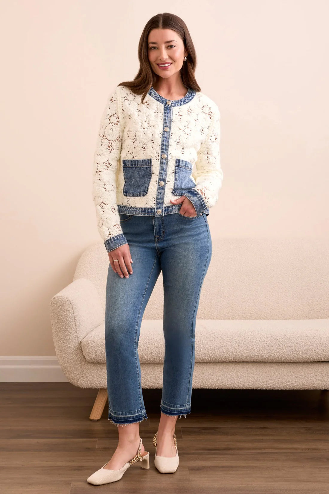 Mixed Media Crochet Jacket With Denim Detail