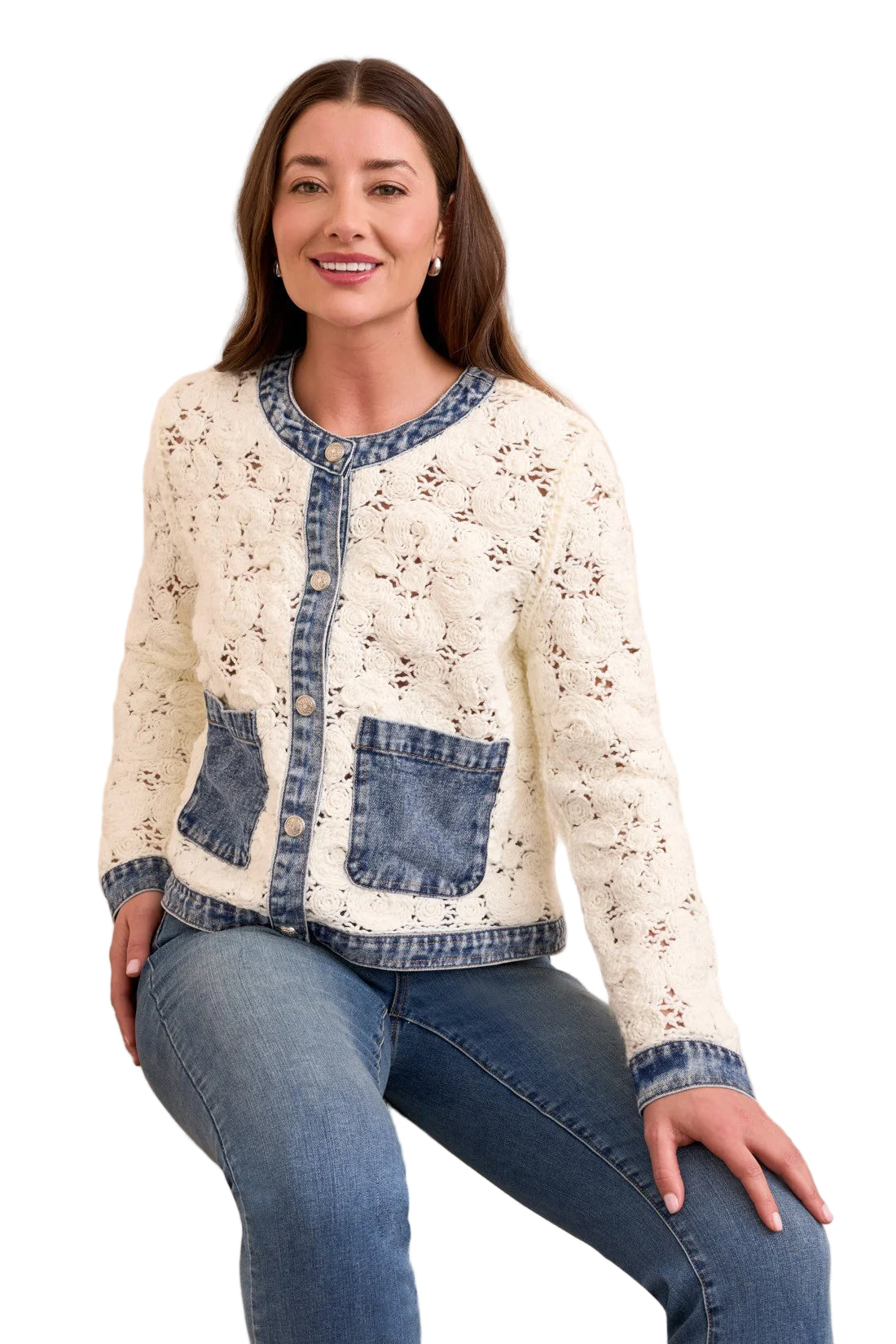 Mixed Media Crochet Jacket With Denim Detail