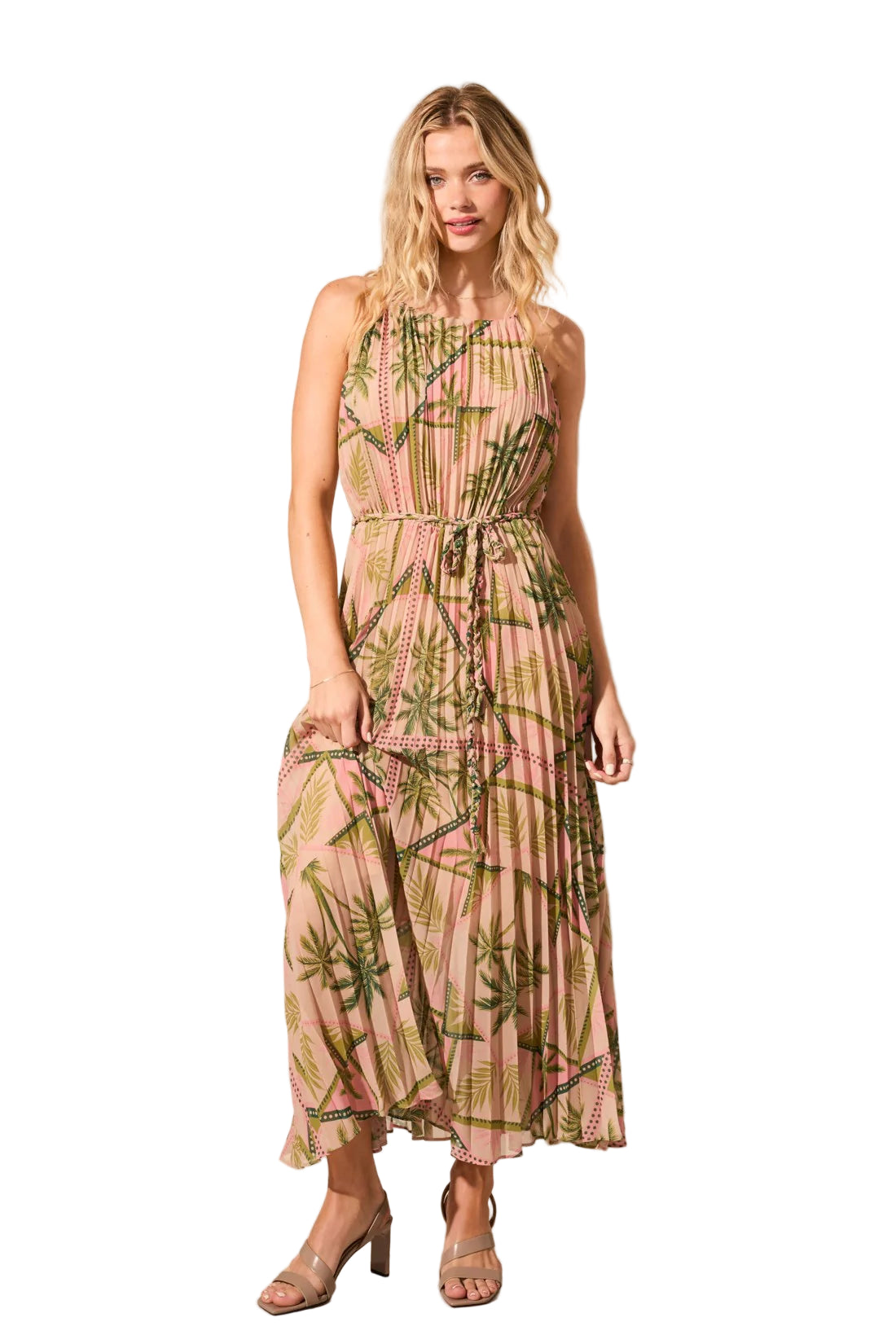Plissé Chiffon Halter Neck Sleeveless Maxi Dress