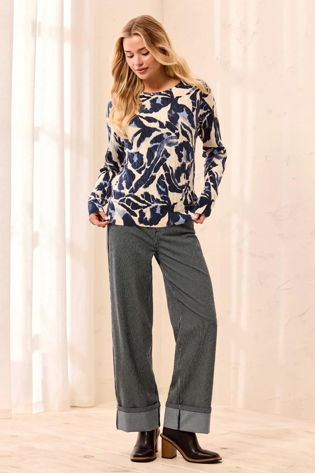 Printed Cable Crew Neck Sweater