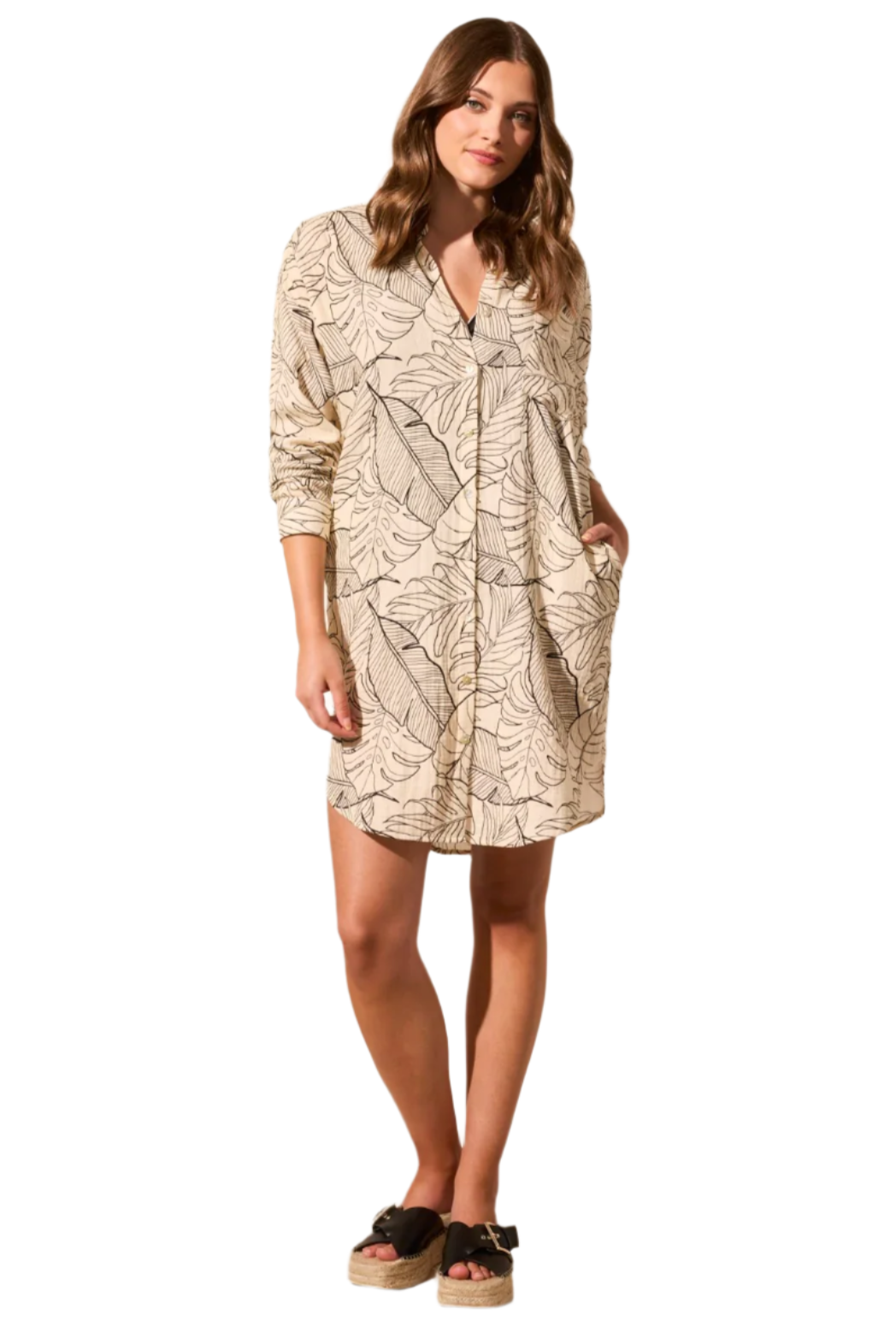 Printed Cotton Gauze Long-Sleeve Cover-Up Shirt Dress