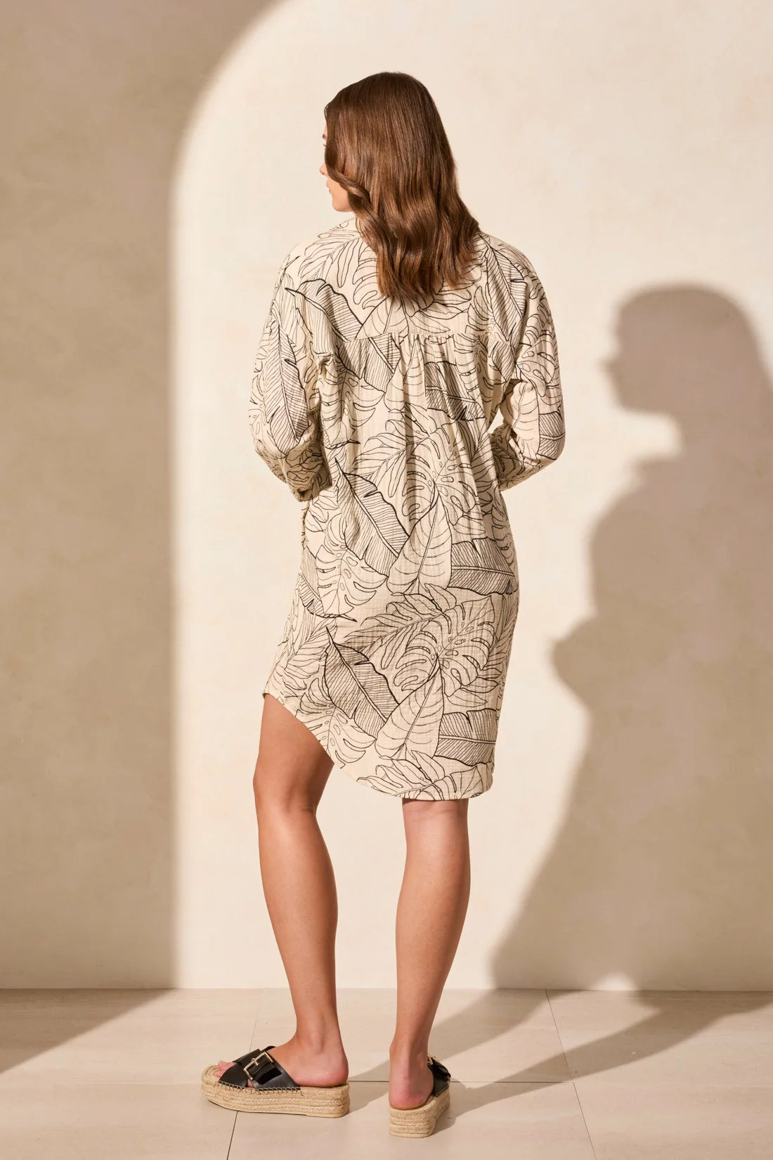 Printed Cotton Gauze Long-Sleeve Cover-Up Shirt Dress
