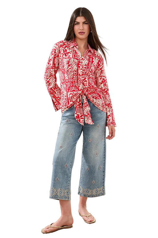 Printed Textured Challis Blouse With Tie Front