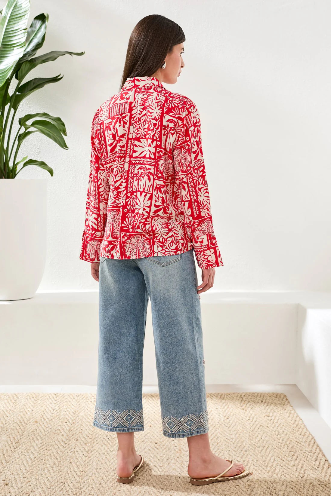 Printed Textured Challis Blouse With Tie Front