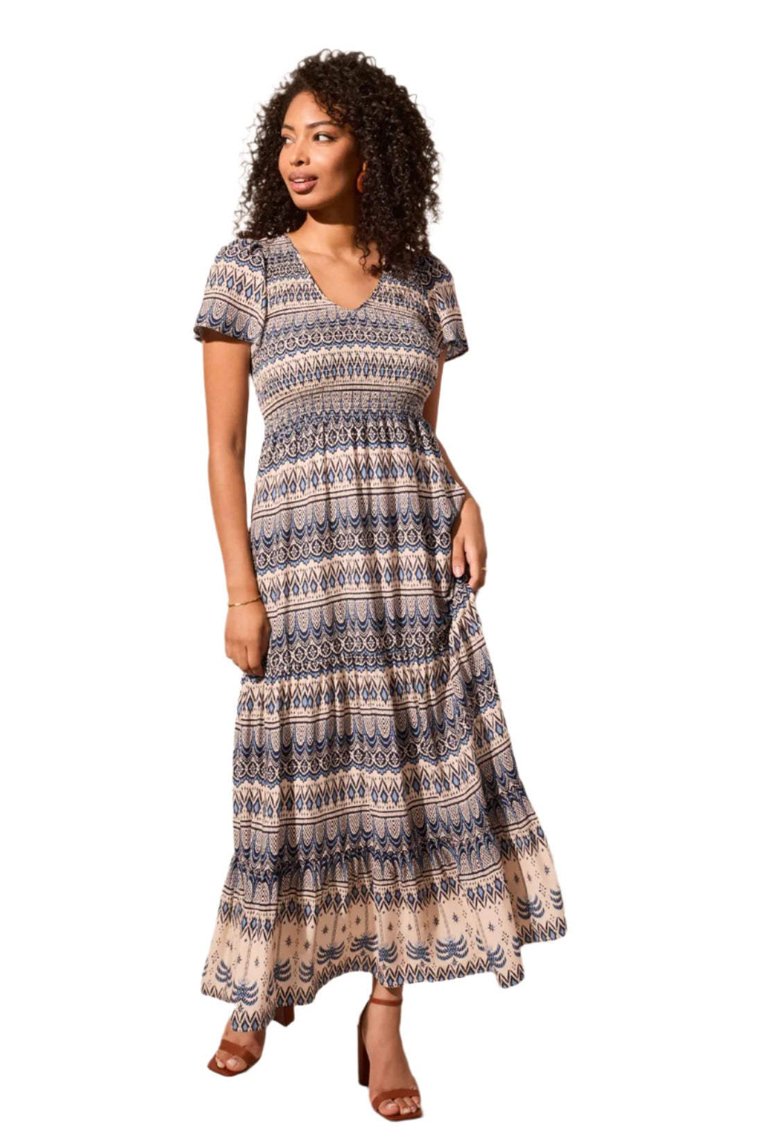 Ruched-Top Short Sleeve Maxi Dress
