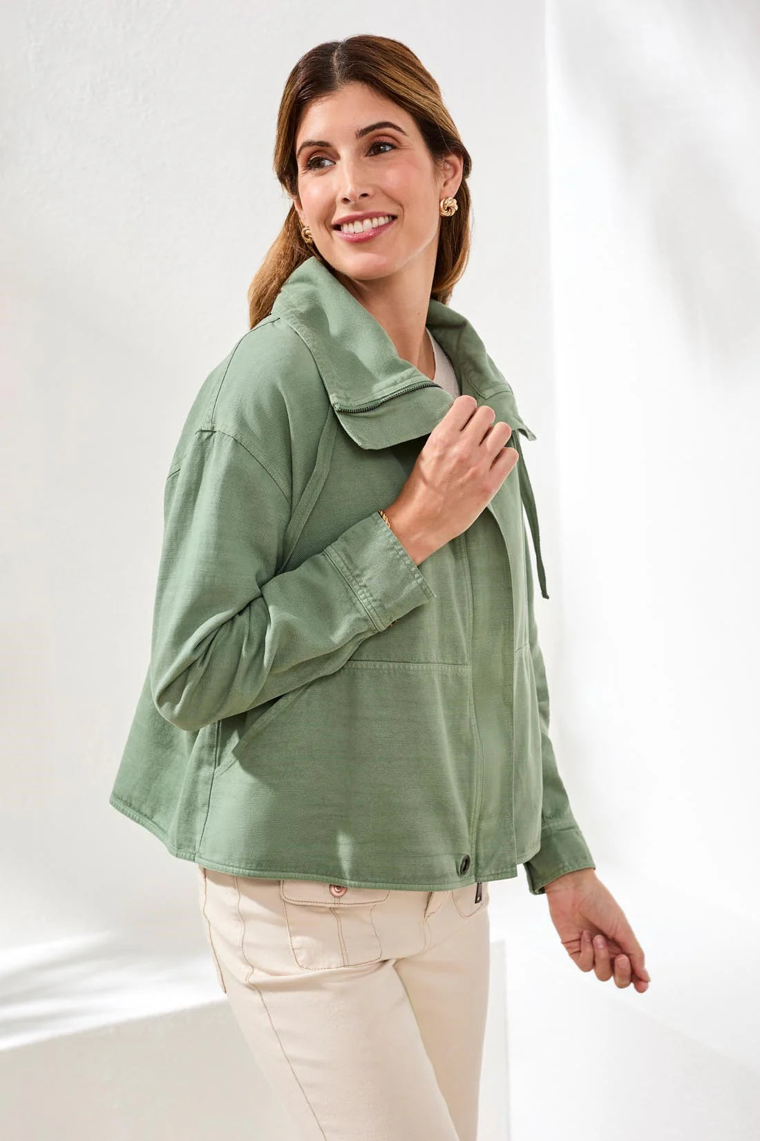 Slub Twill Front Button Jacket With Drawcord Collar