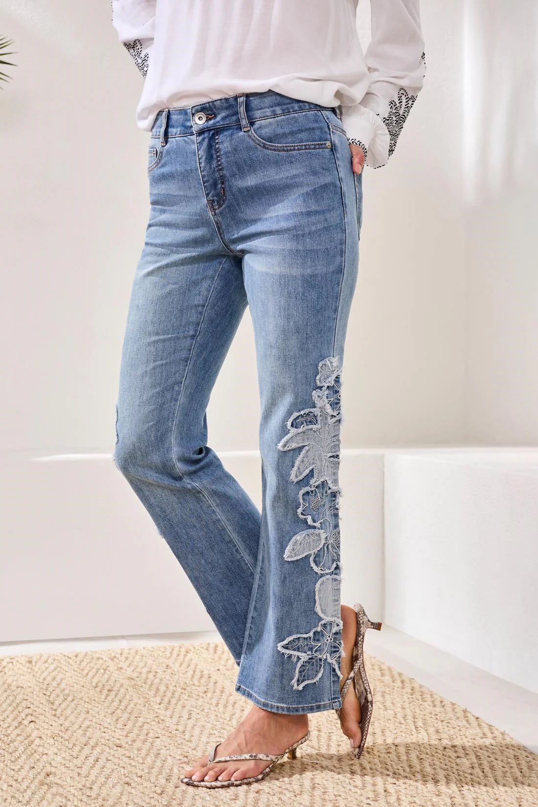 Embroidered Sophia Curvy Hugging Wide Leg Jeans