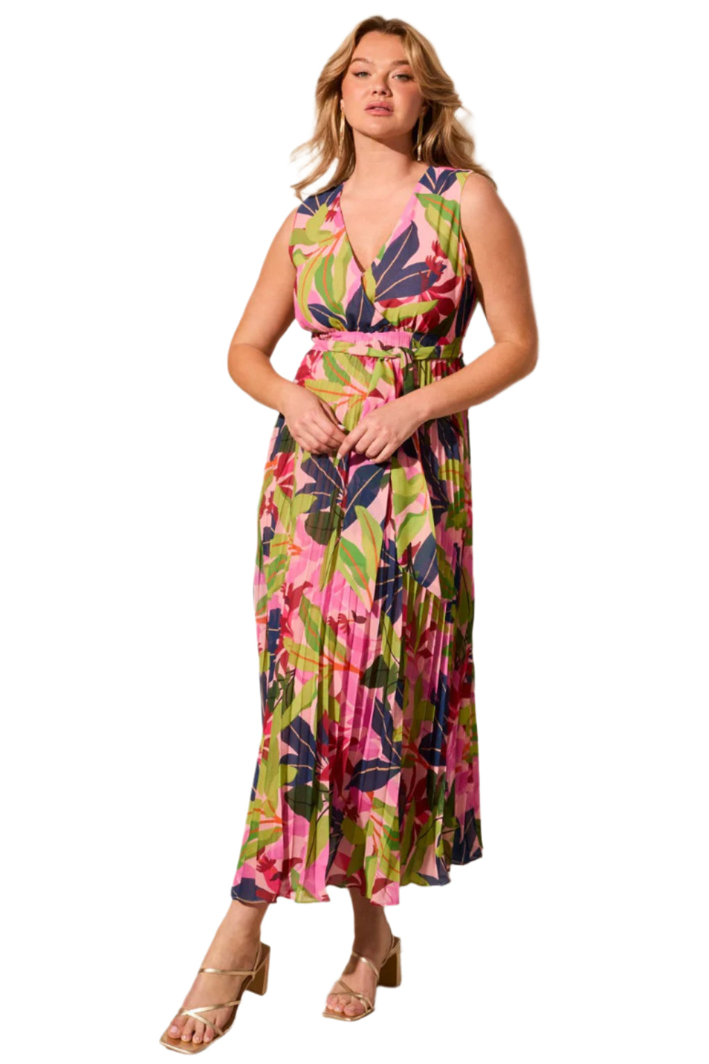 Belted Surplice Plisse Maxi Dress