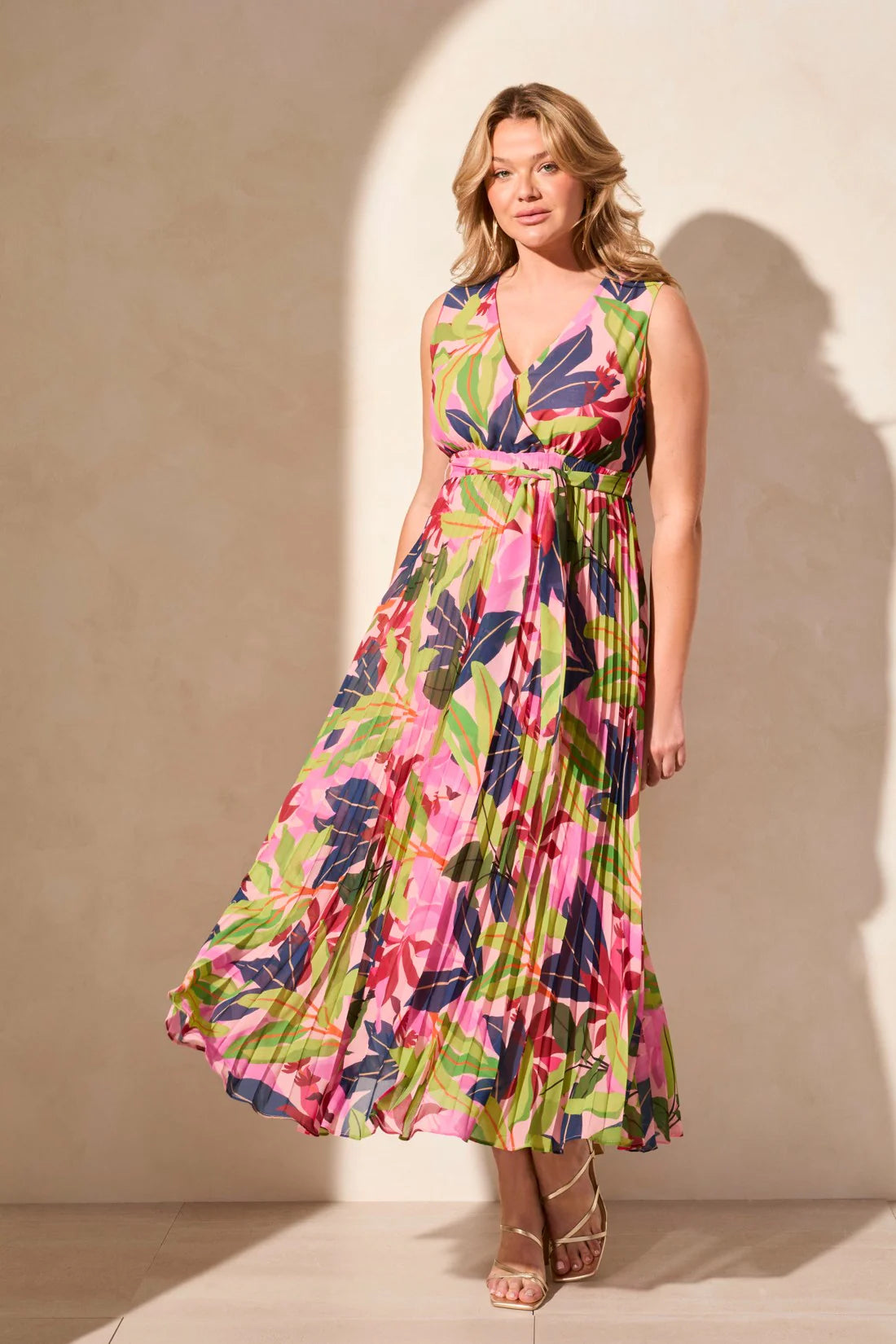 Belted Surplice Plisse Maxi Dress