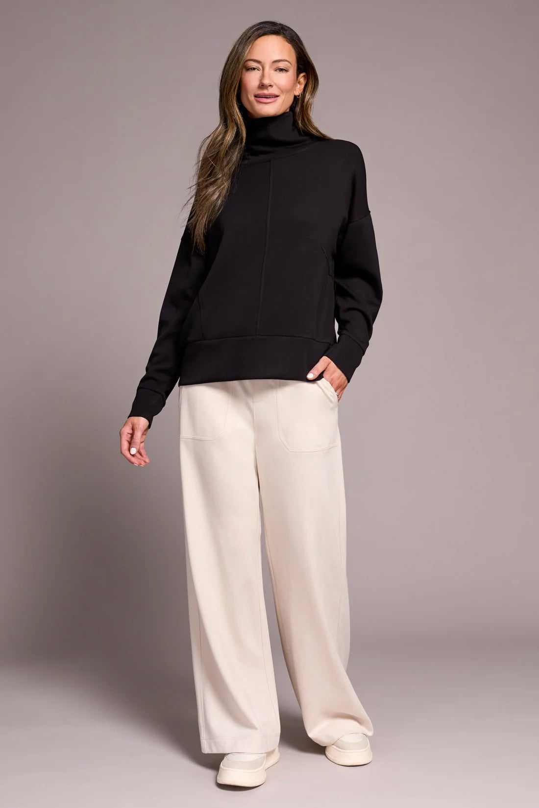 Techno Lux Drop Shoulder Funnel Neck Knit Top