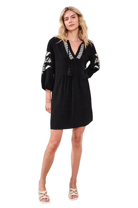 Textured Linen 3/4 Sleeve Embroidered V-Neck Dress