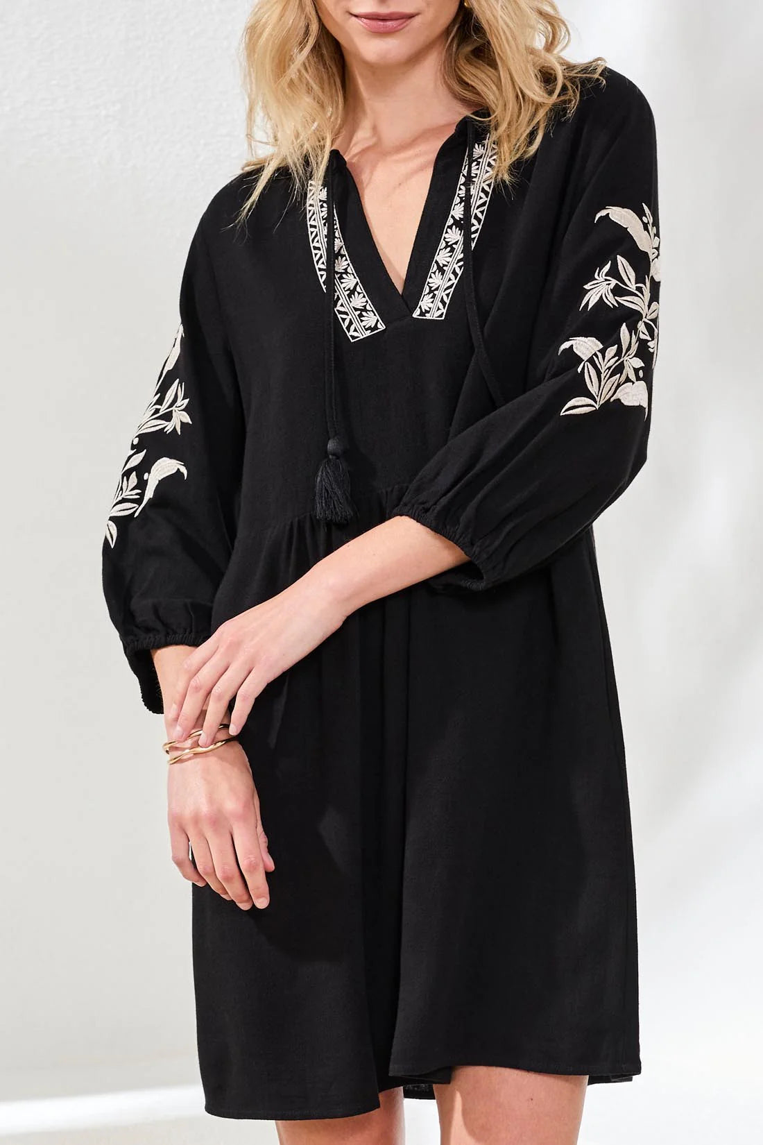 Textured Linen 3/4 Sleeve Embroidered V-Neck Dress