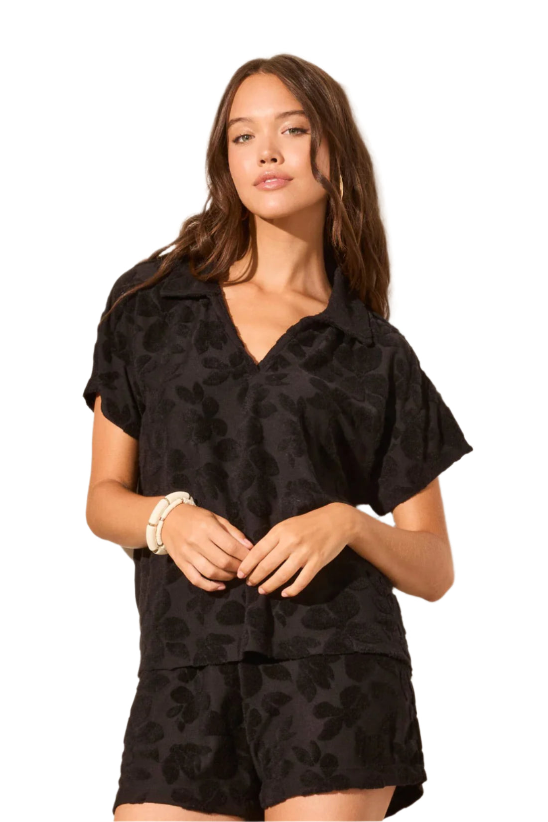 Textured Terry Cloth Short-Sleeve Polo Top