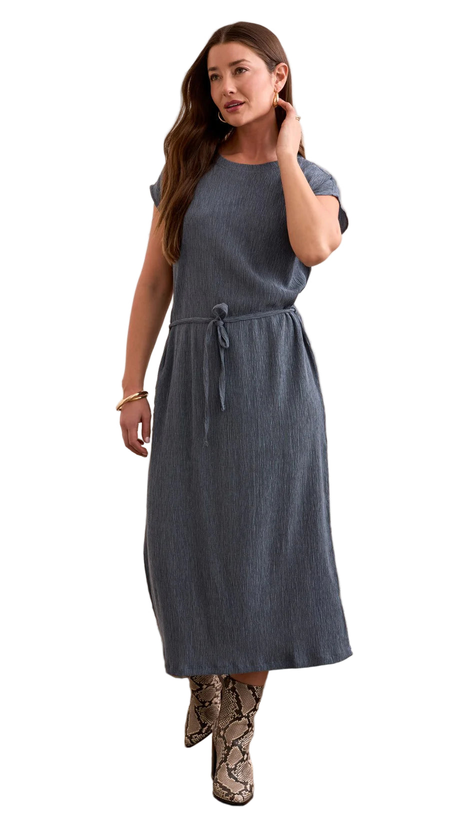 Cap Sleeve Crew Neck Dress with Belt