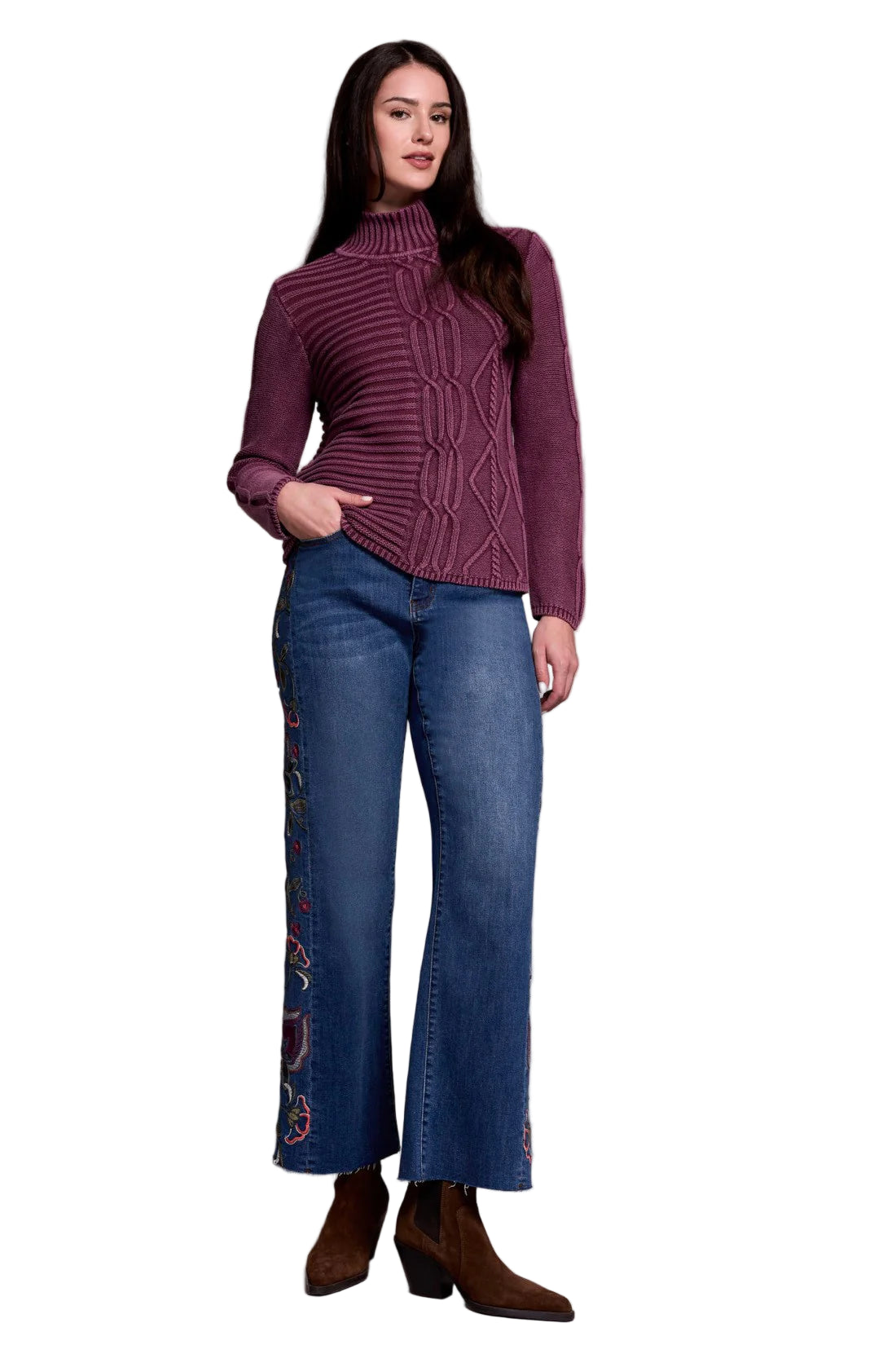 Vintage Washed Cable Knit Mock Neck Sweater