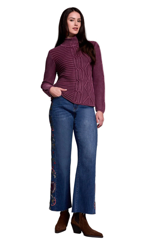 Vintage Washed Cable Knit Mock Neck Sweater