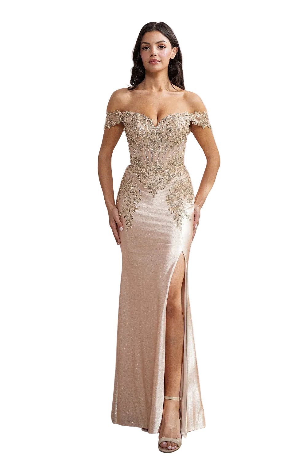 Off Shoulder Lace Back Applique Beaded Dress